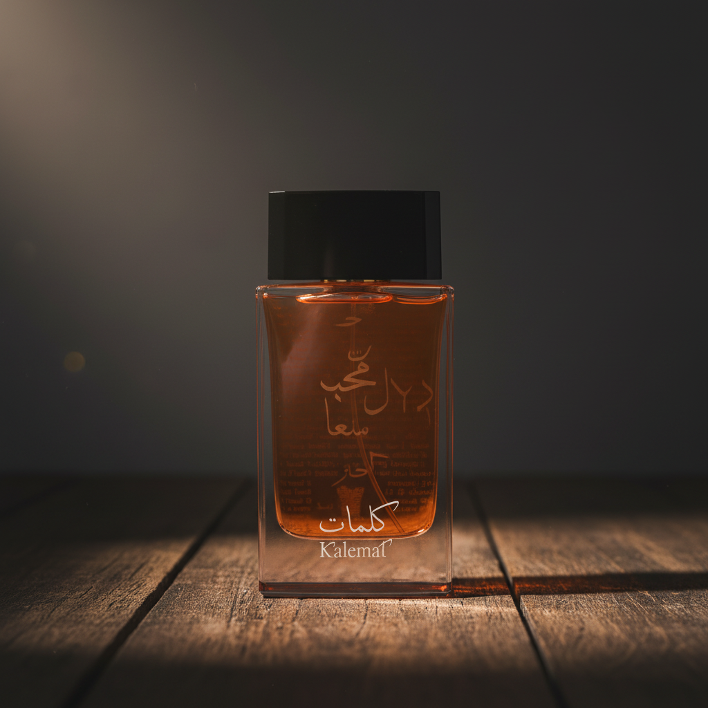 Kalemat perfume bottle hero front shot on dark weathered wood