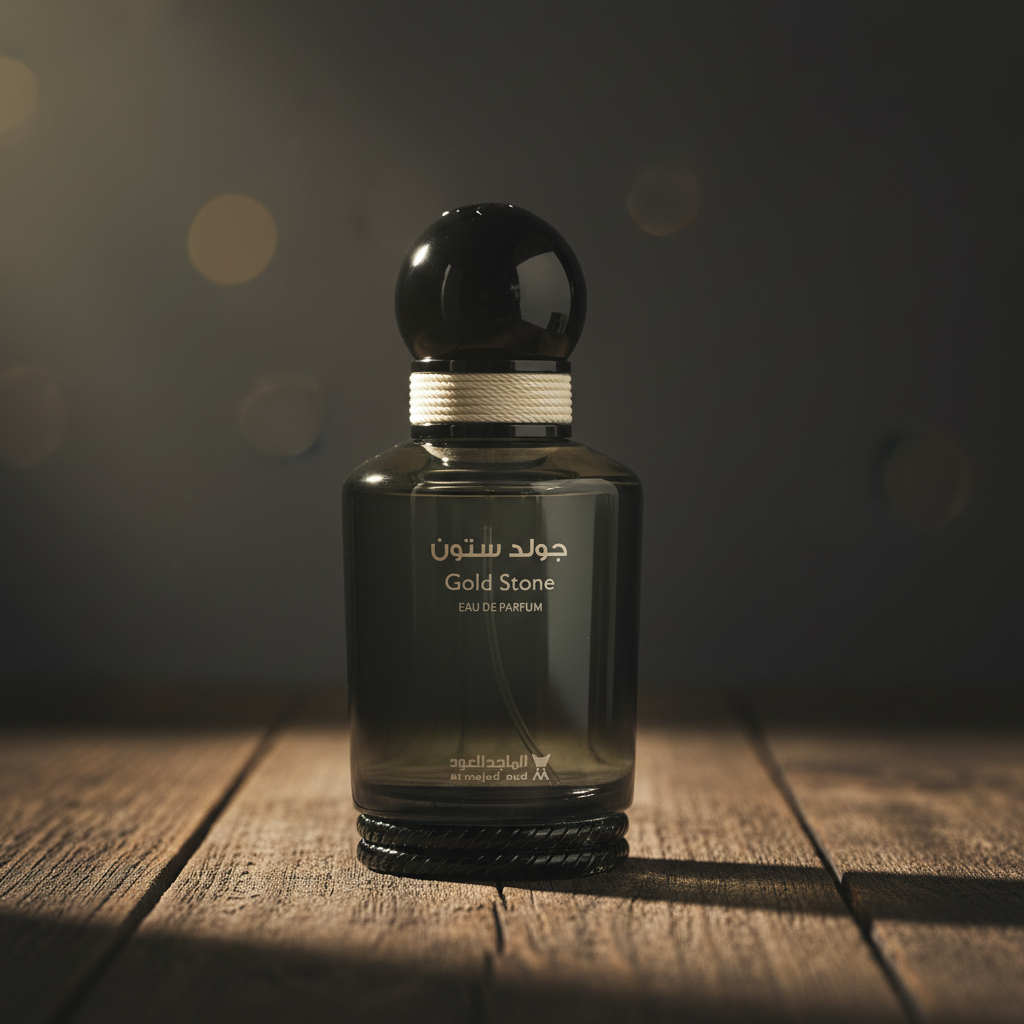 Gold Stone EAU DE PARFUM by Al Majed Oud — Hero Front shot on dark wood surface
