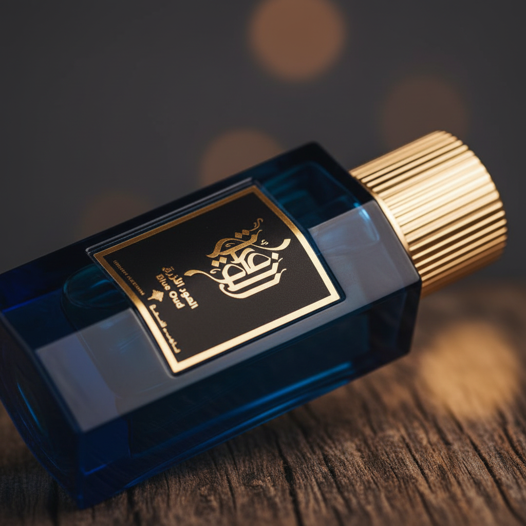 Blue Oud perfume bottle close-up label and cap detail