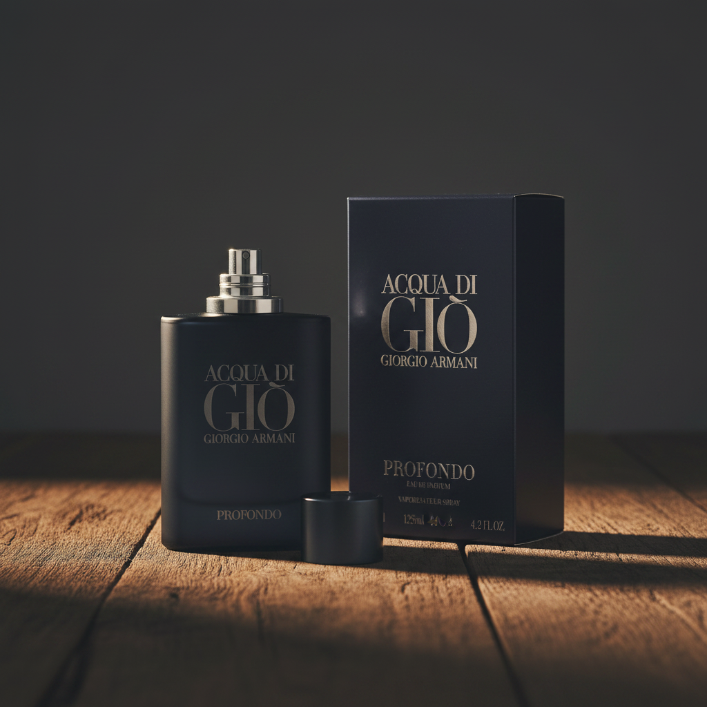 Giorgio Armani Acqua Di Giò Profondo EDP – bottle and navy blue box packaging on dark wood surface