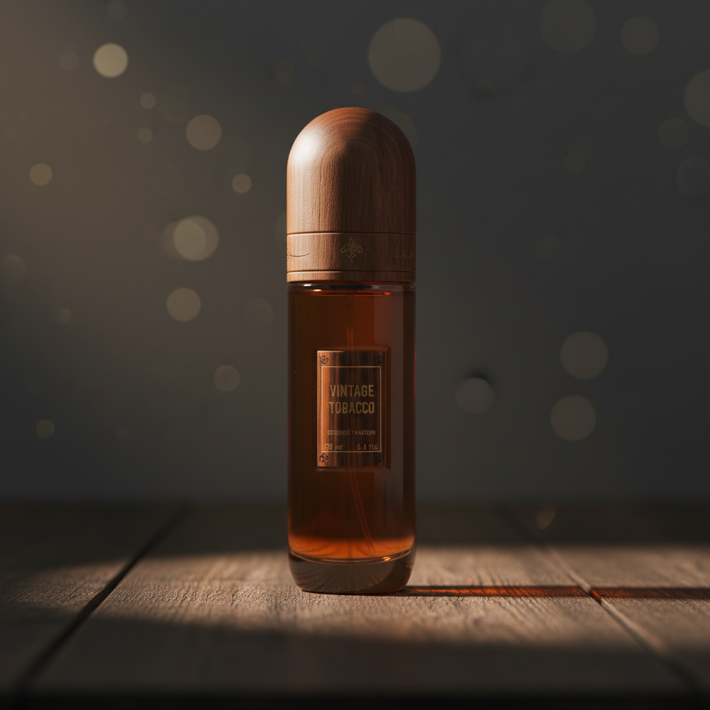 Vintage Tobacco by Ibraq — hero front shot, amber glass bottle with walnut wood cap on dark weathered wood surface, warm studio lighting