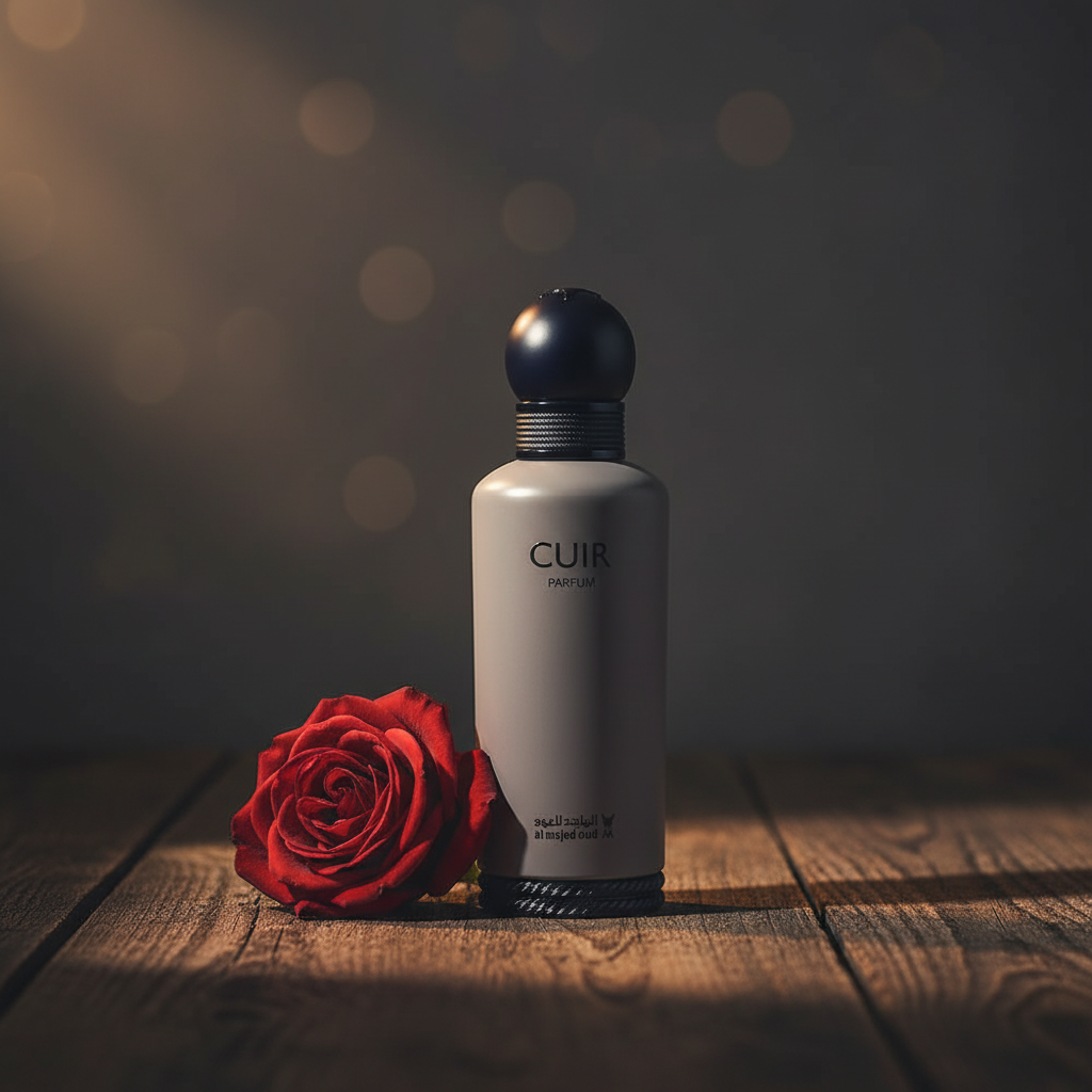 Al Majed Oud Cuir Parfum lifestyle shot with single rose prop