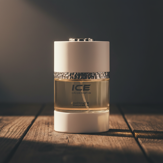 Ice EDP by Al Majed Oud — hero front view on dark wood surface